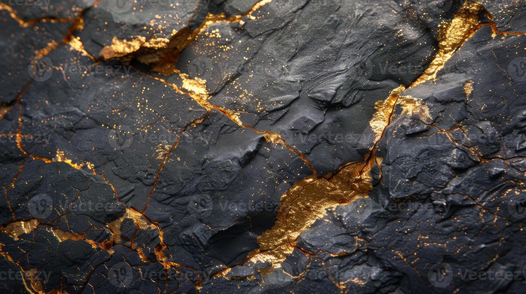 This striking natural formation showcases a dark stone surface marked by vivid, reflective gold veins. The contrast enhances the intricate textures and patterns present in the rock. photo