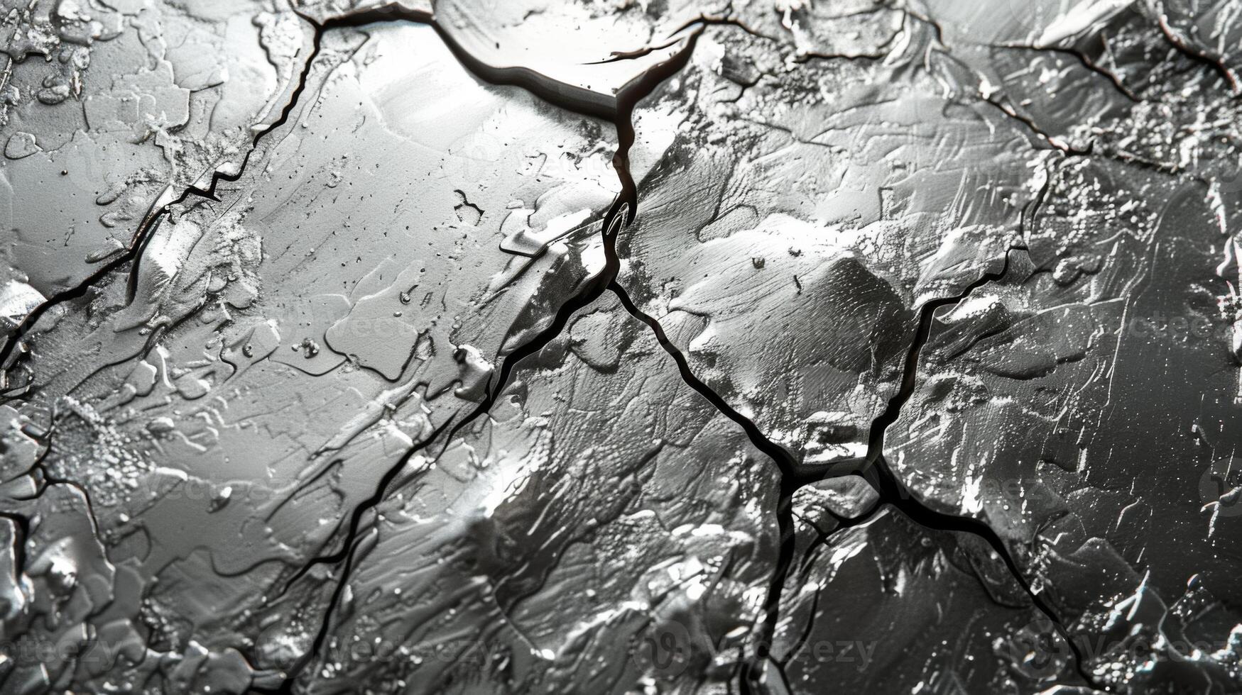Close up view of a metallic surface featuring complex cracks and shimmering reflections caused by the presence of liquid. The details are enhanced by natural light. photo