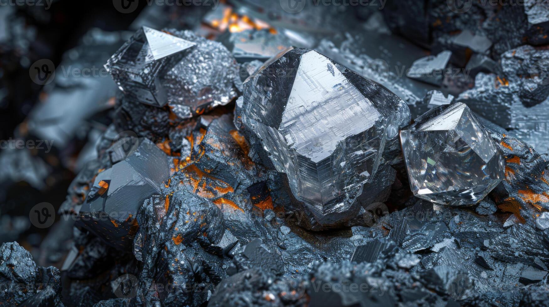 Several clear crystalline minerals are surrounded by grey rocks, reflecting sunlight and showcasing intricate geometric patterns while resting in a natural landscape. photo