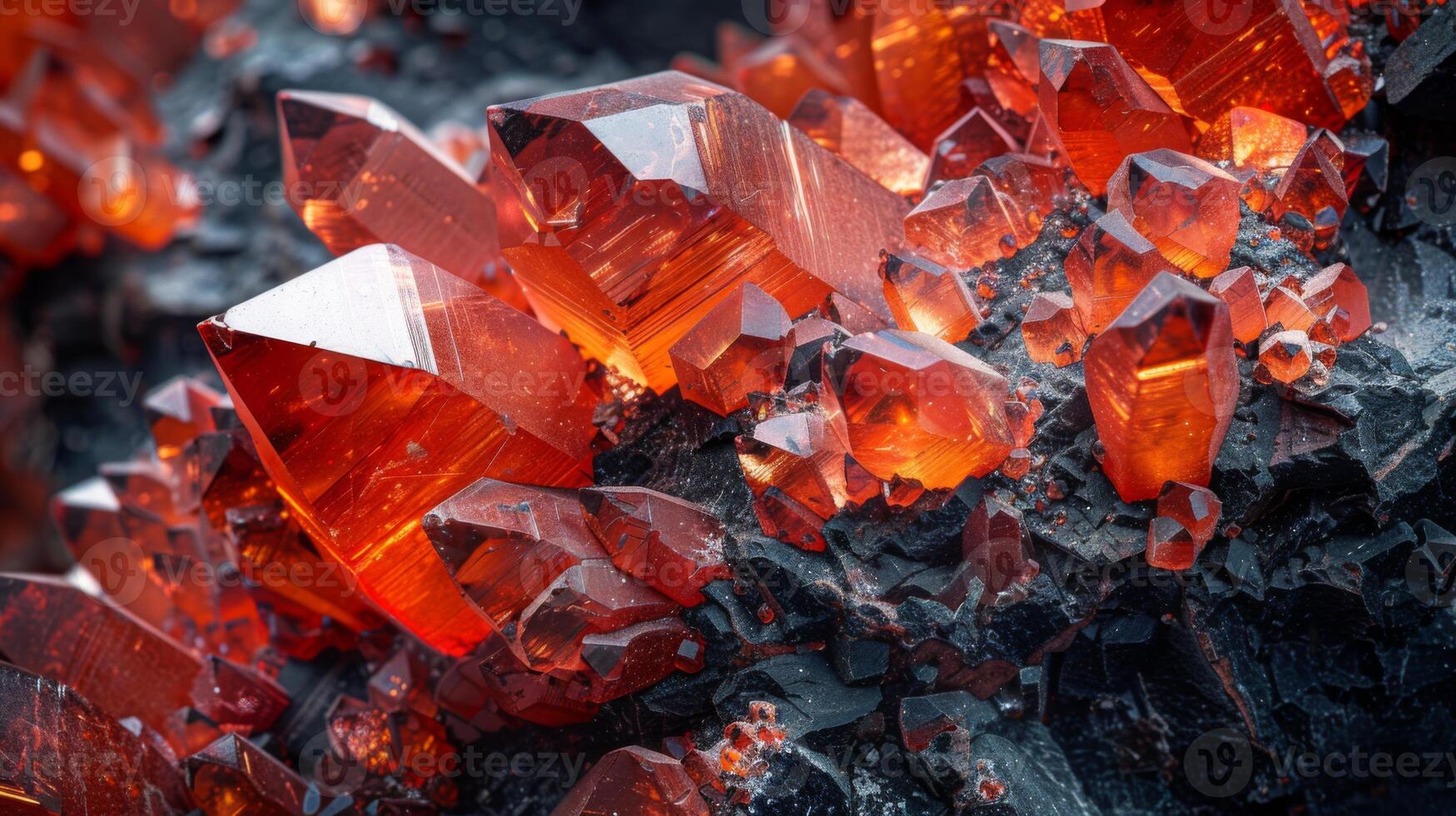 Bright red crystals reflect sunlight, showcasing intricate formations on a dark mineral surface. The geological wonders captivate with their vibrant hues and sharp edges. photo