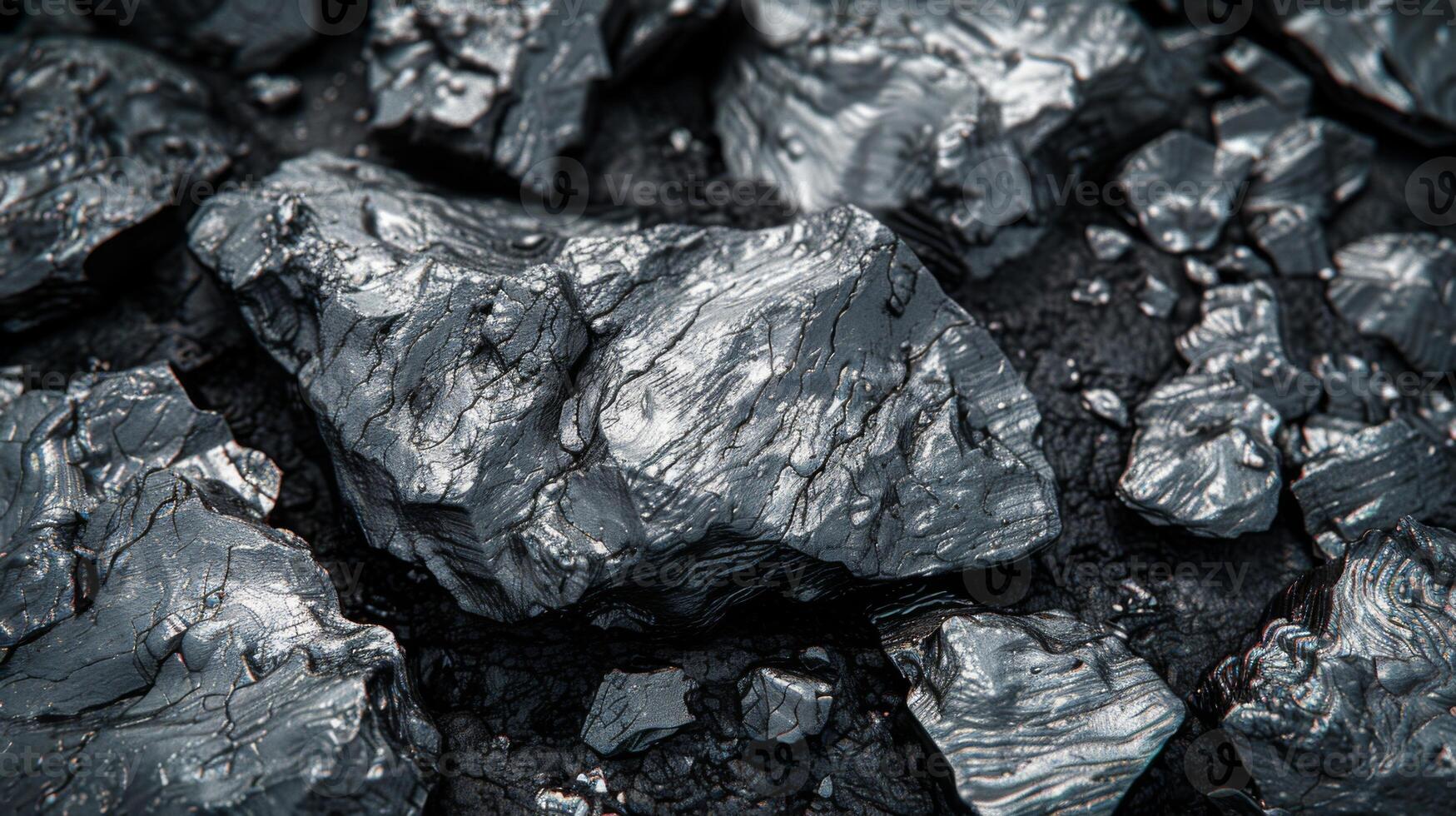 Detailed view of coal pieces scattered on the ground, highlighting the glossy surfaces and rugged edges as they reflect ambient light. The setting reflects a natural mining context. photo