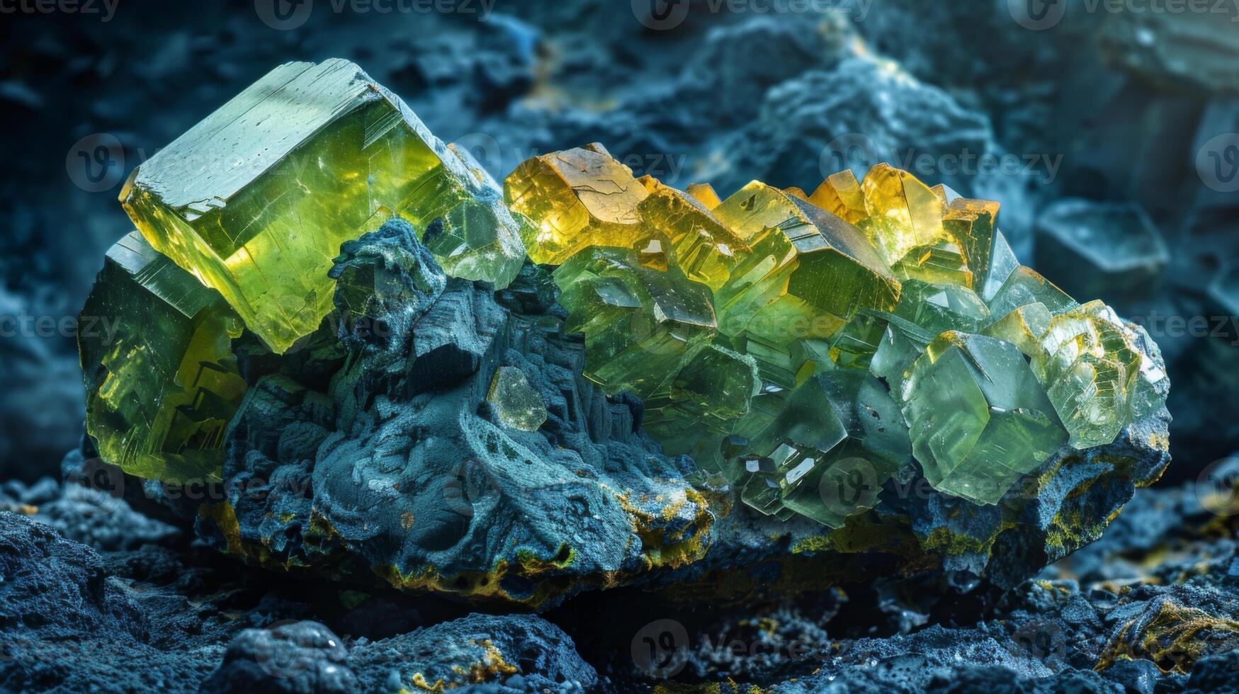 Shimmering green crystals are arranged atop a dark, textured rocky surface, illuminated by gentle natural light, creating a captivating display around sunrise. photo