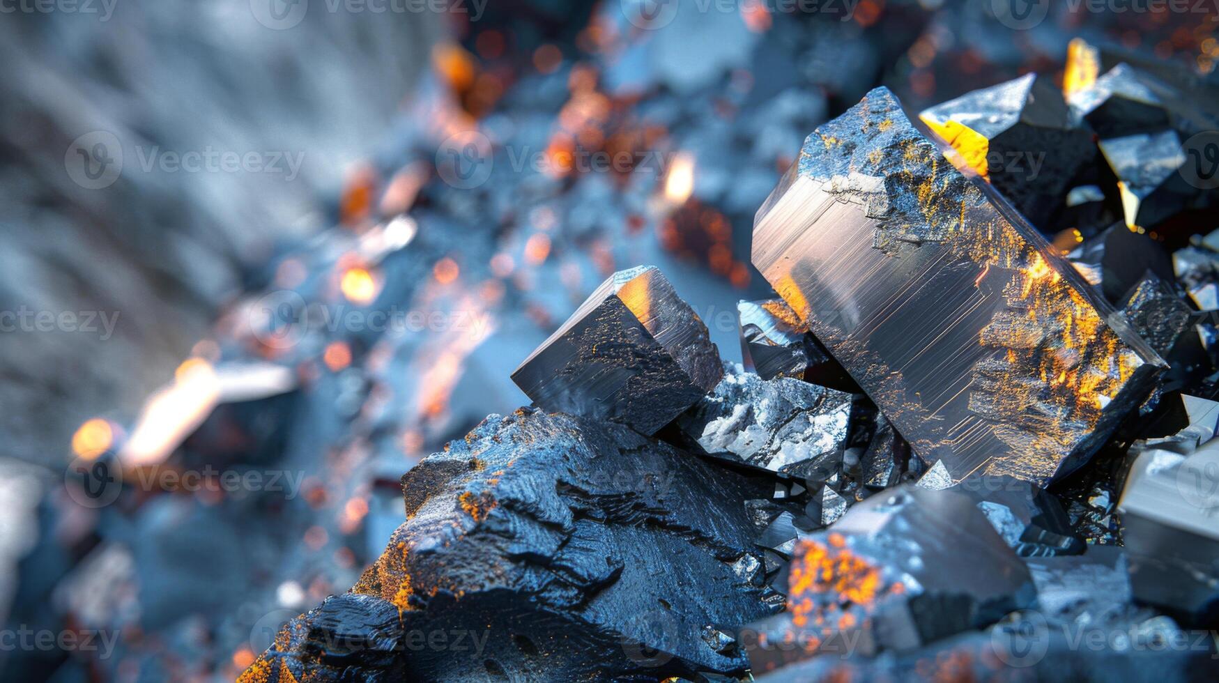 Jagged metallic crystals reflect light in various hues, resting among dark rock formations, illustrating the beauty of natural geology in warm evening sunlight. photo