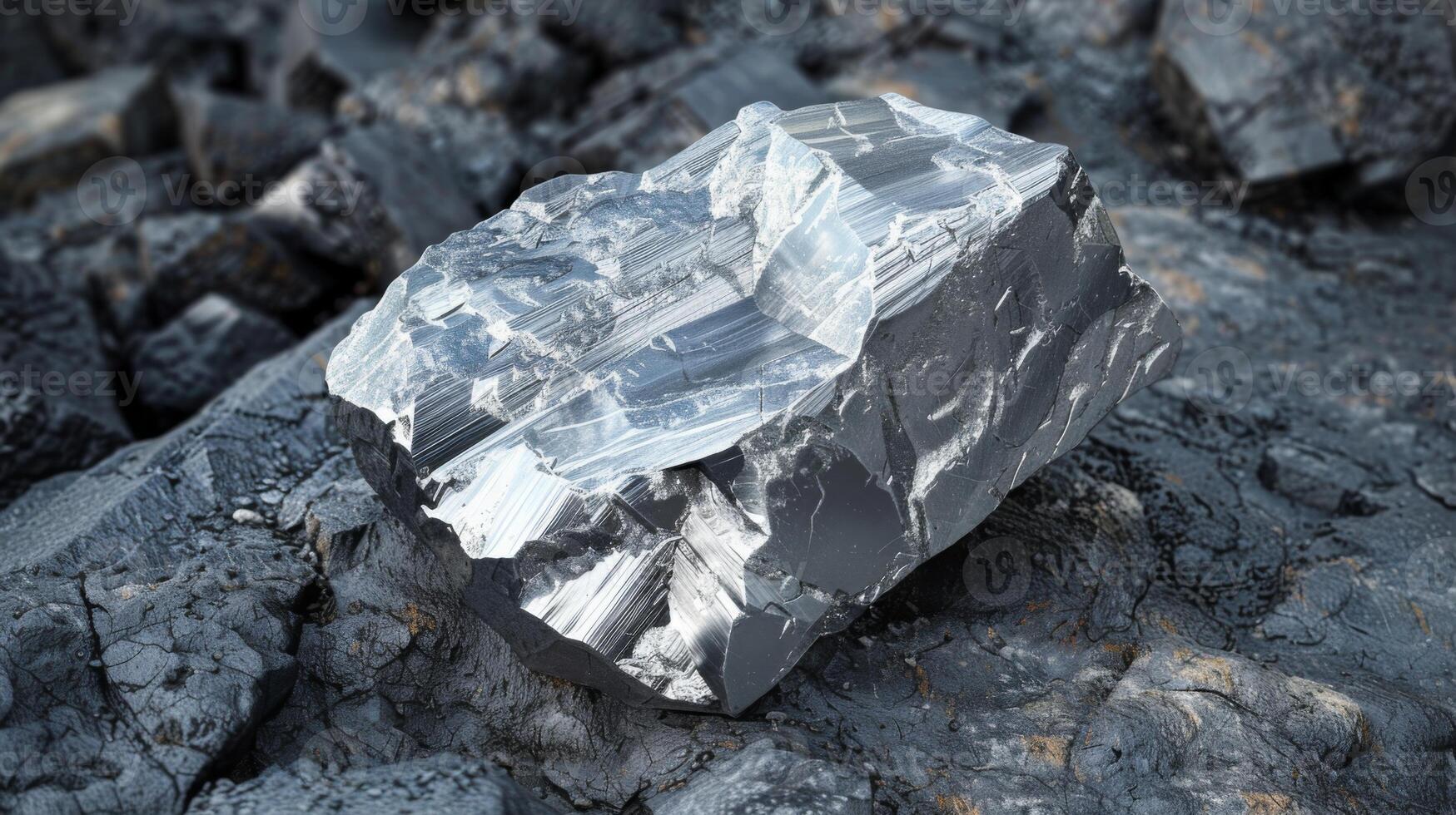 A large mineral rock displays a reflective metallic surface, surrounded by rugged, dark gray terrain under bright sunlight, highlighting its geological significance. photo