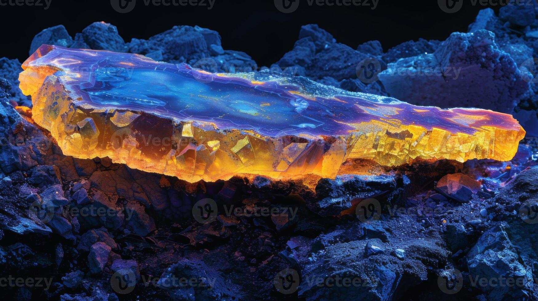 An orange and blue agate stone glows brightly on a rocky surface, revealing fascinating mineral patterns and textures under soft lighting, creating a captivating visual effect. photo