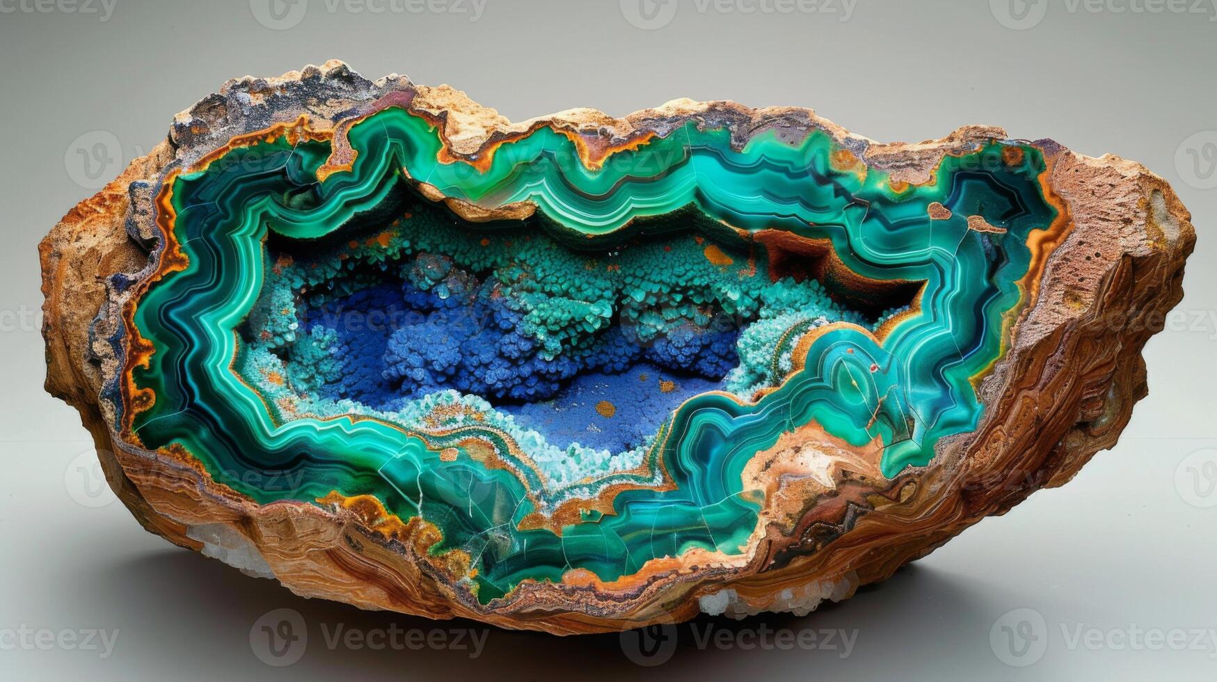 Intricate natural stone features striking turquoise and green bands showcasing smooth layers and unique formations, revealing depth and beauty in geological craftsmanship. photo