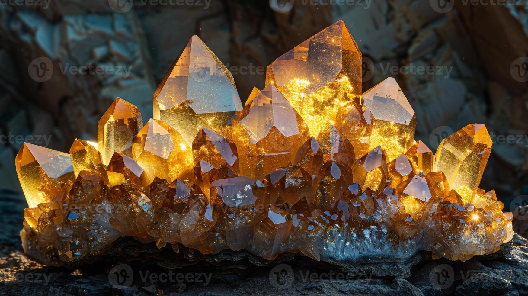 Clusters of golden quartz crystals shine brightly in sunlight, highlighting their sharp facets and natural formations against a textured backdrop of dark rock. photo