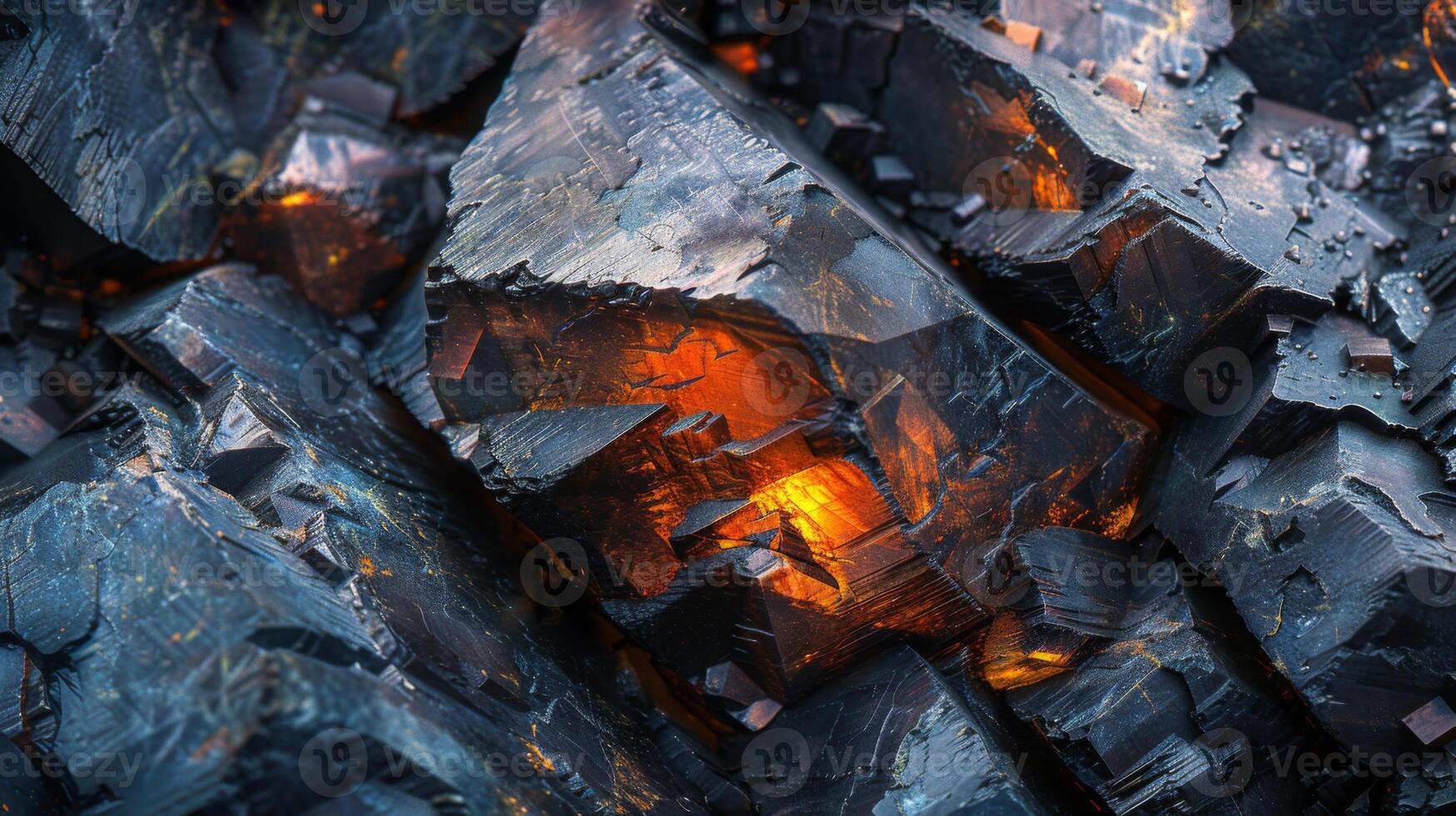 A cluster of charcoal like rocks reveals glowing embers at their core, casting an enchanting light in a dim environment, evoking warmth and mystery. photo