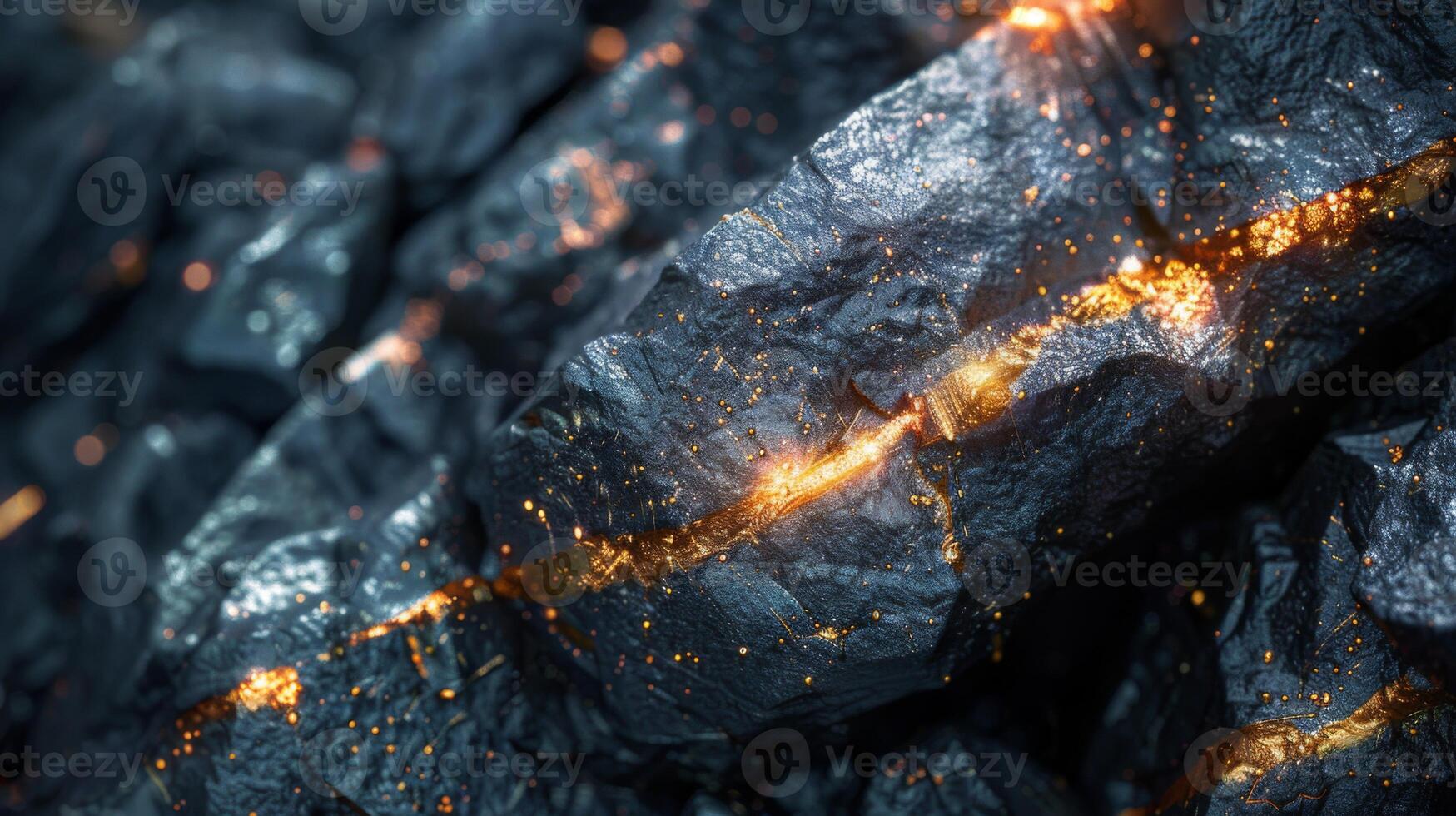 Intricate patterns of glimmering minerals emerge from the depths of dark rock surfaces, showcasing a captivating blend of textures and colors in this detailed composition. photo