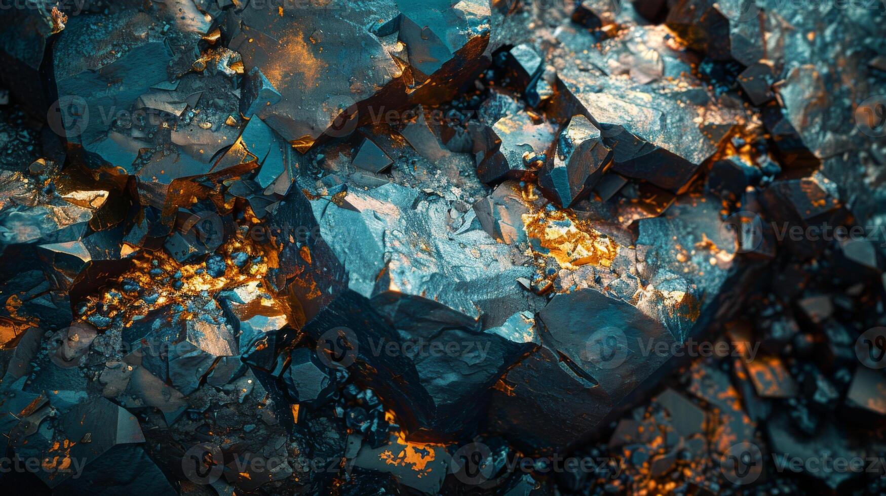 Rocks with a glossy texture display vibrant orange and blue colors under natural light, creating a striking visual contrast among smaller stone fragments. photo