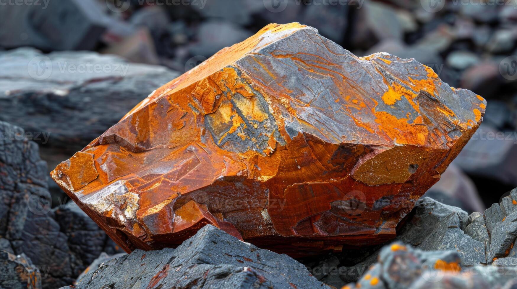 Unique orange mineral rock is situated among various dark rocks under sunlight, showcasing detailed patterns and textures that highlight its geological features and beauty photo