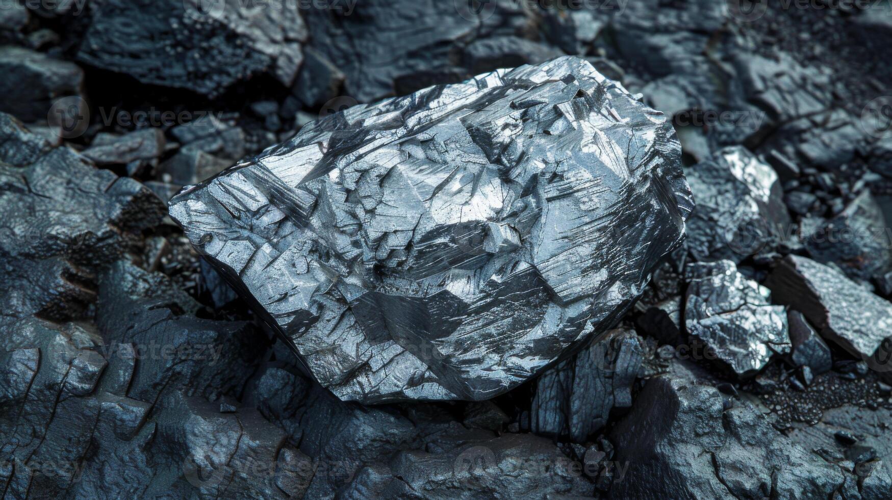 A distinct mineral specimen with a shiny, crystalline surface rests on dark volcanic rock. Sunlight highlights its intricate patterns and textures, creating a fascinating natural display. photo