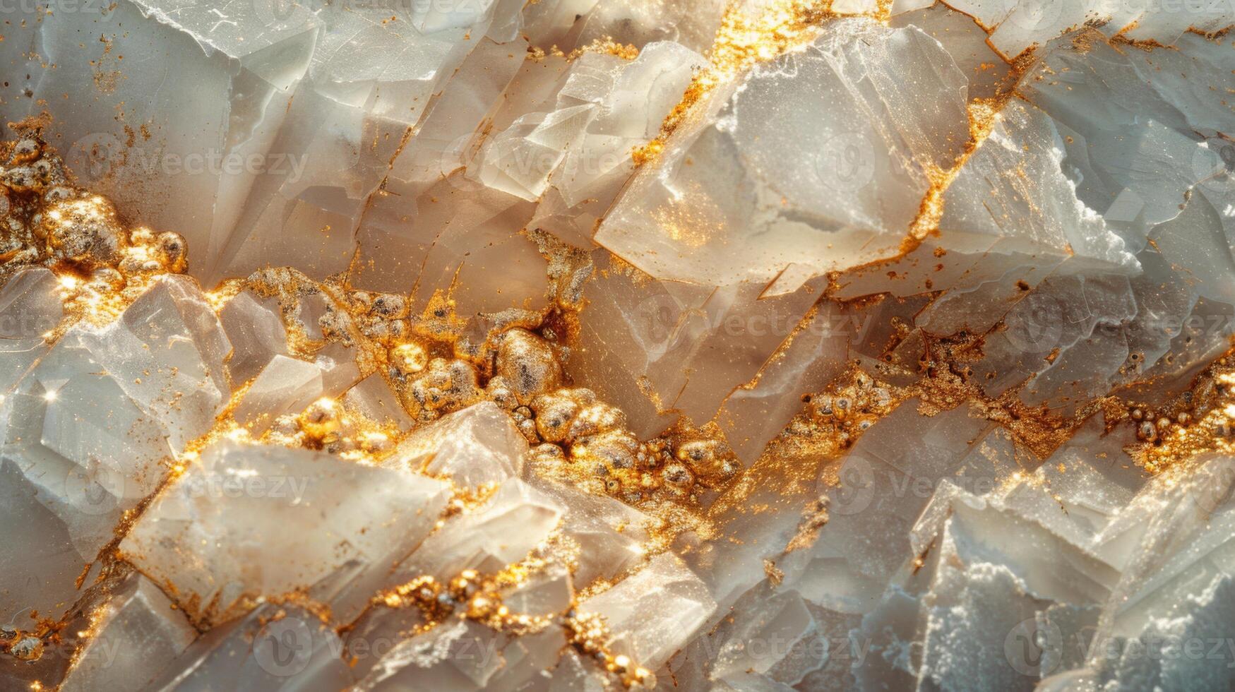 Glittering quartz crystals are intermingled with golden mineral veins, creating a striking contrast between the clear rock and the metallic hues. photo