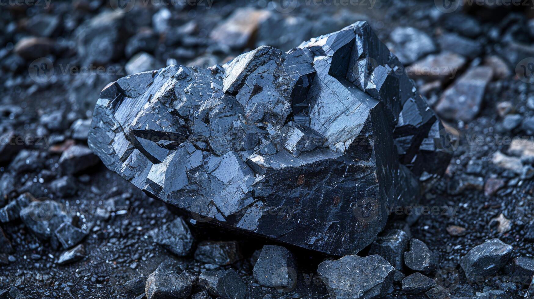 A large black mineral stone is situated among smaller rocks, exhibiting sharp crystal edges and a glossy surface, capturing the warm glow of the setting sun in an outdoor setting. photo
