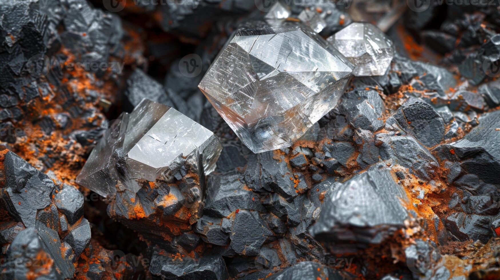 Clear crystals are prominently positioned among textured dark rocks, showcasing their geometric shapes and reflecting light in a natural setting rich with minerals. photo