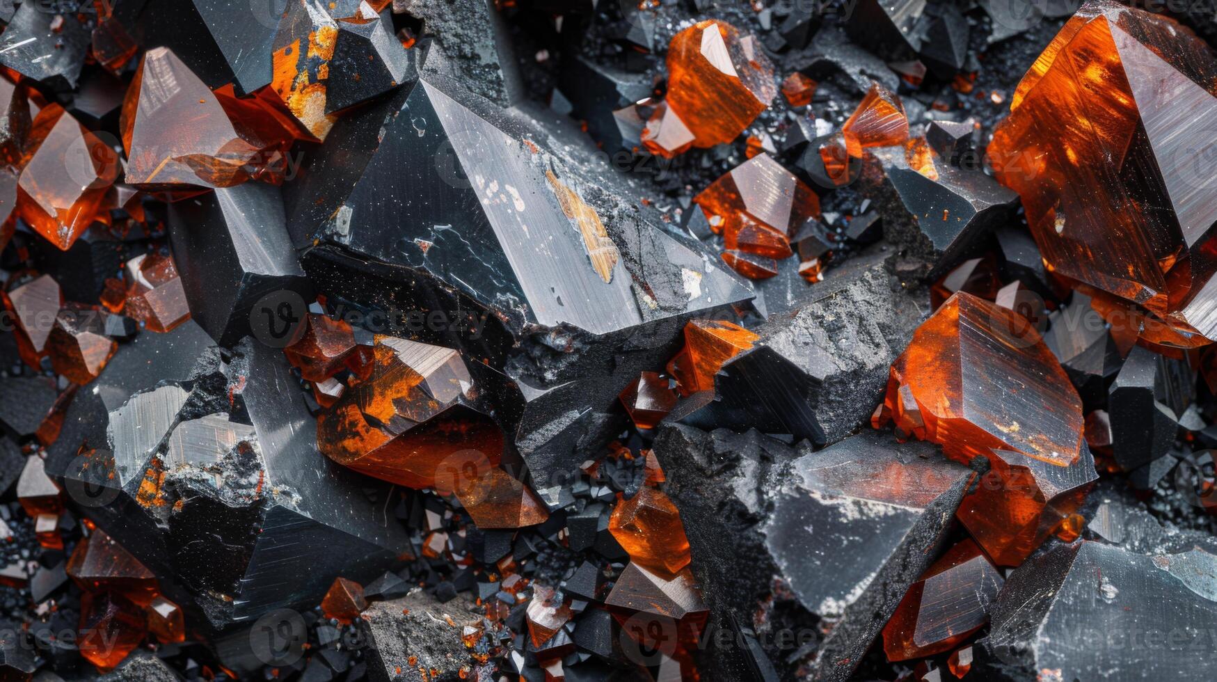 Close up shot highlights striking black and orange mineral crystals, revealing fascinating patterns and glimmering surfaces, set against a dark background to enhance their brilliance photo