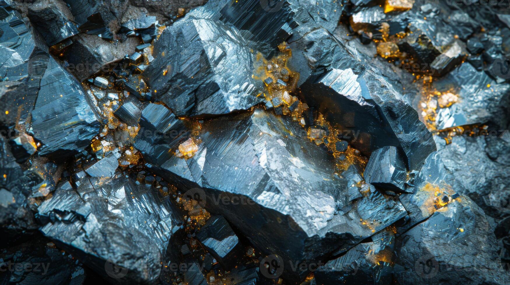 Intricate patterns of gleaming mineral crystals can be observed, reflecting light with vibrant hues of blue and gold. The textures reveal a natural beauty shaped over time. photo