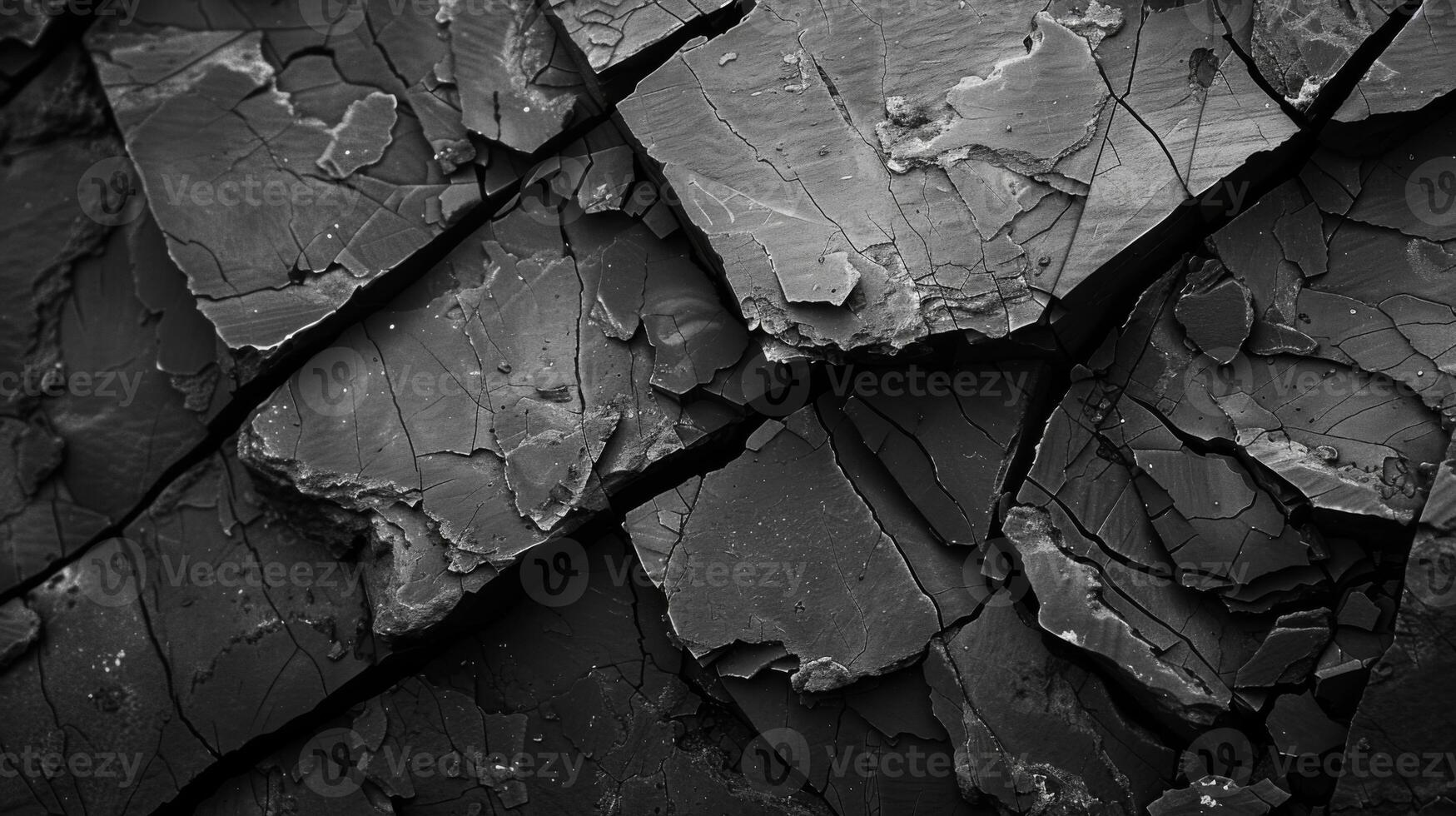 Dark slate surface exhibits intricate cracks and layers, revealing geological history and natural wear. The texture creates a striking visual contrast and depth. photo