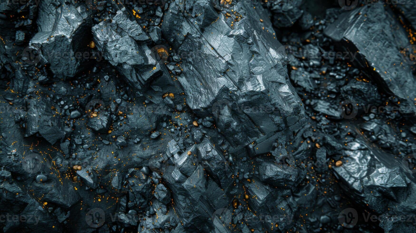 Textured gray rocks with shimmering golden veins are arranged closely together, creating a visually captivating contrast in a serene, naturally lit setting. photo