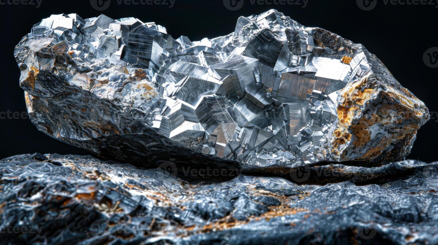 A striking mineral cluster is highlighted, featuring shiny metallic crystals with distinct geometric shapes on a textured dark surface. The interplay of light enhances its natural beauty. photo