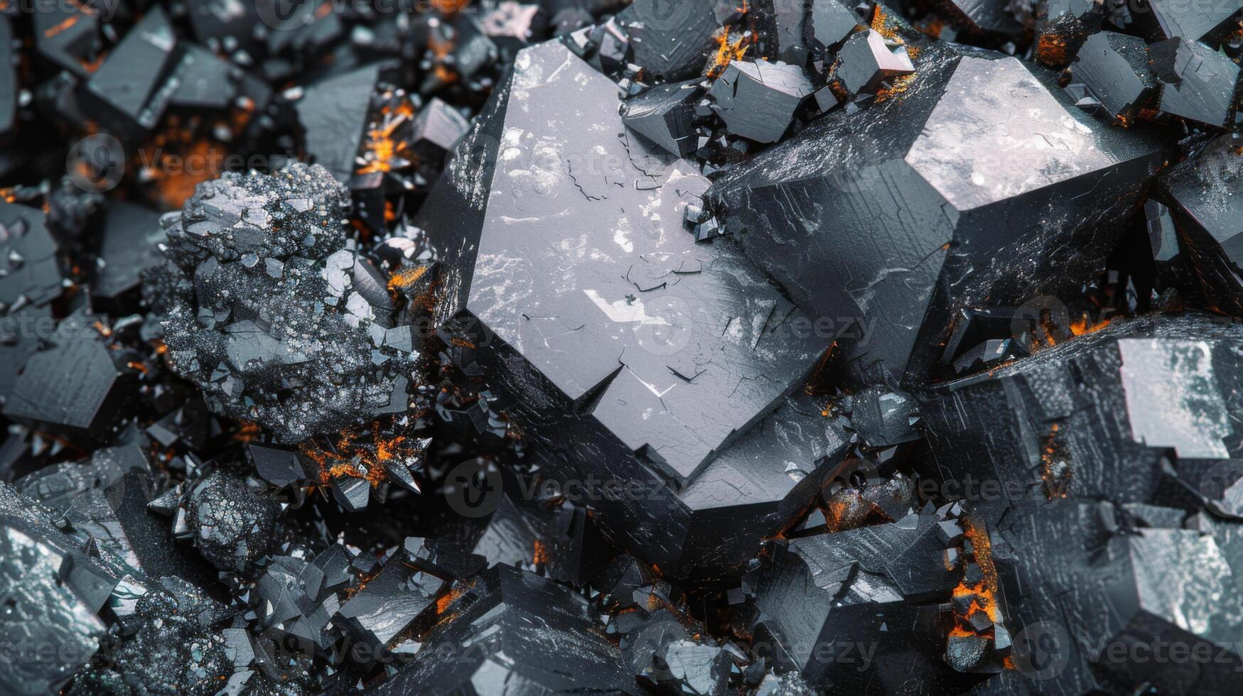 Close up view reveals dark minerals with shiny surfaces and rough edges, creating a striking contrast among scattered smaller fragments and reflections of light. photo