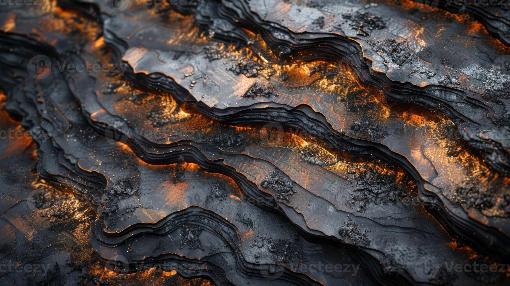 Rich, textured layers resembling molten rock showcase a captivating interplay of light and shadow, creating an enchanting atmosphere that reflects heat and depth. photo
