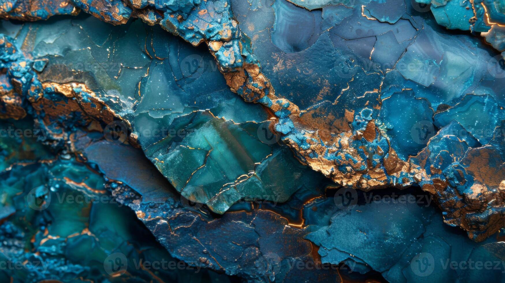 Turquoise and gold hues create a stunning visual in a geological formation, revealing layered textures and intricate patterns. Each detail captures the beauty of natures artistry. photo
