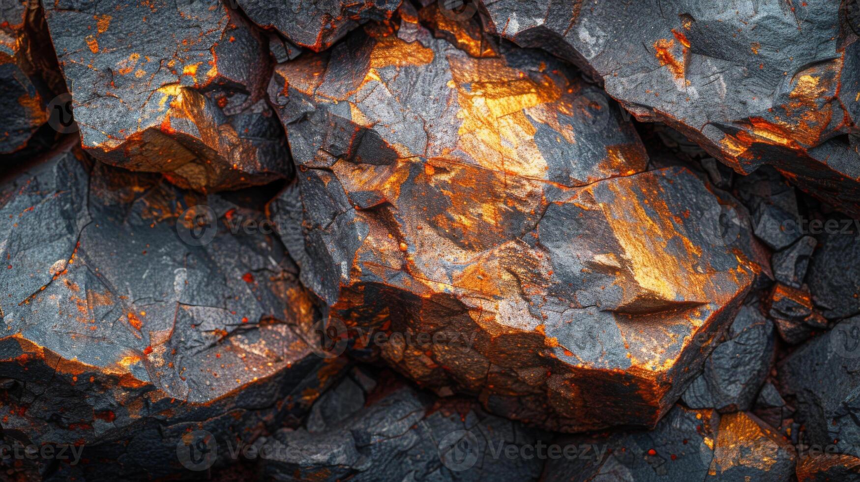 Mineral rich rocks are arranged closely together, displaying vibrant colors and textures under natural light, creating an eye catching geological feature in the environment. photo