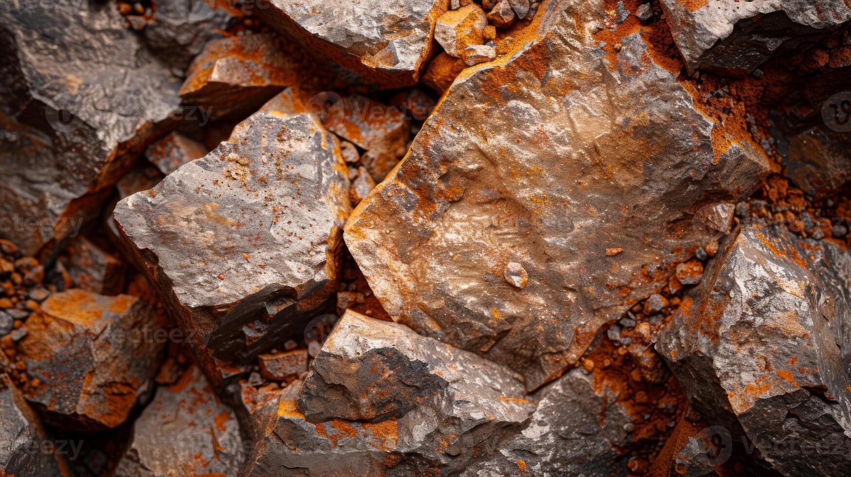 Rocks with rough surfaces create a striking display of metallic textures and bright orange mineral stains under natural light. Their unique formation highlights geological history. photo