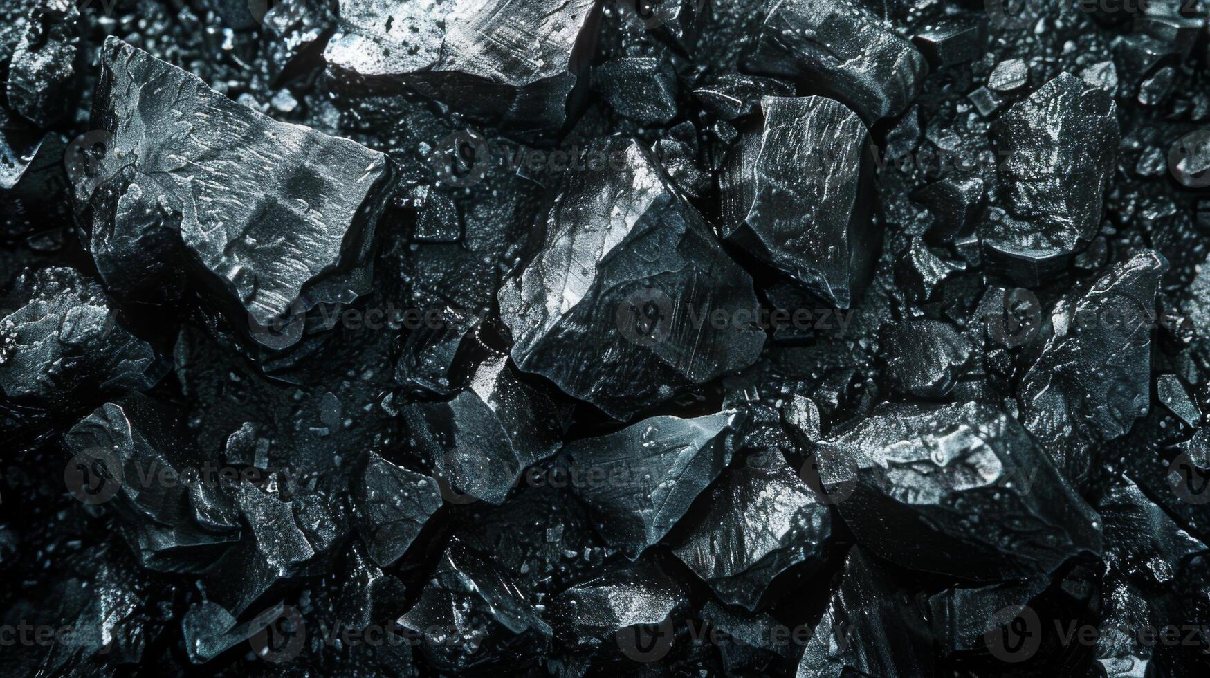 Shiny black coal pieces lie scattered, showcasing their uneven surfaces and sharp angles, catching low light and creating a dramatic visual contrast. photo