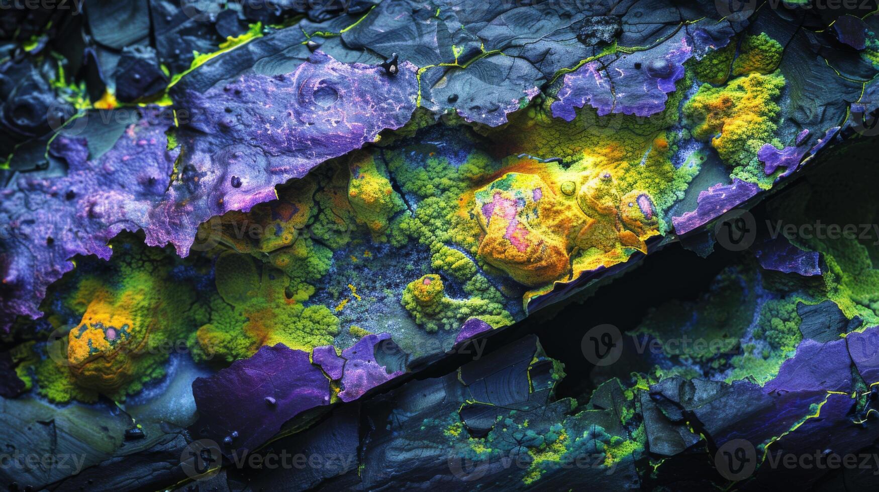 Vivid colors display intricate patterns and textures on a rock surface, highlighting the beauty of natural formations found in geological specimens observed closely. photo