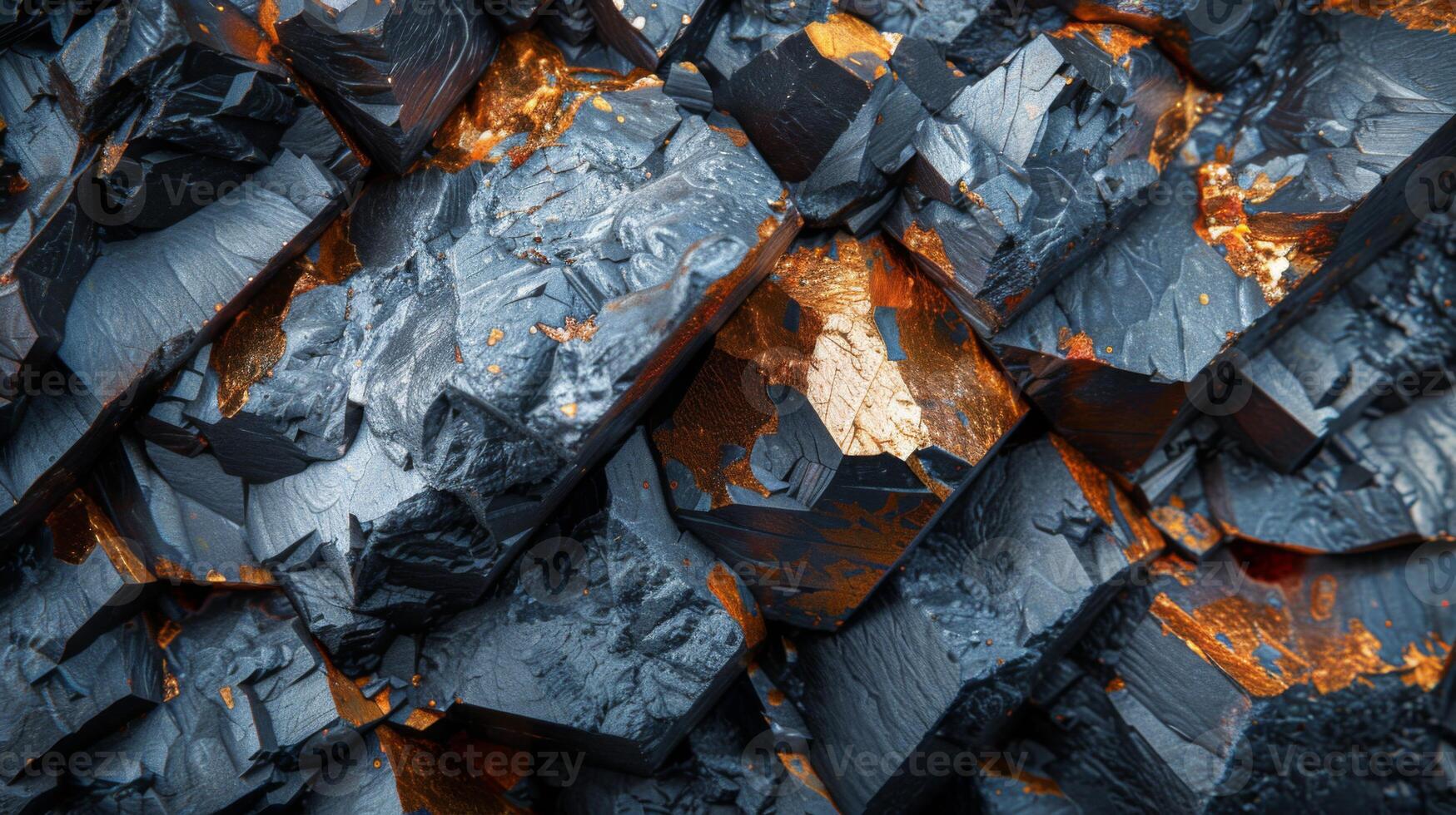 This striking close up showcases the complex arrangement of metallic minerals, featuring glossy dark surfaces intertwined with vibrant golden veins, highlighting geological beauty. photo