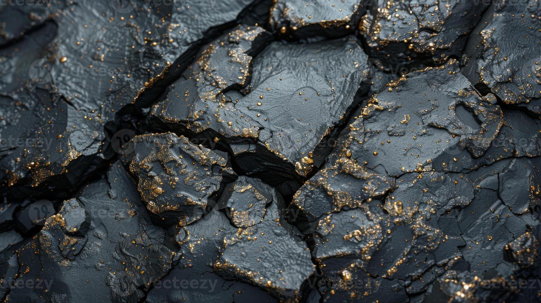 A detailed view of a dark and textured rock surface displaying intricate cracks and shimmering golden flecks, illuminated to highlight its natural beauty and mineral composition photo