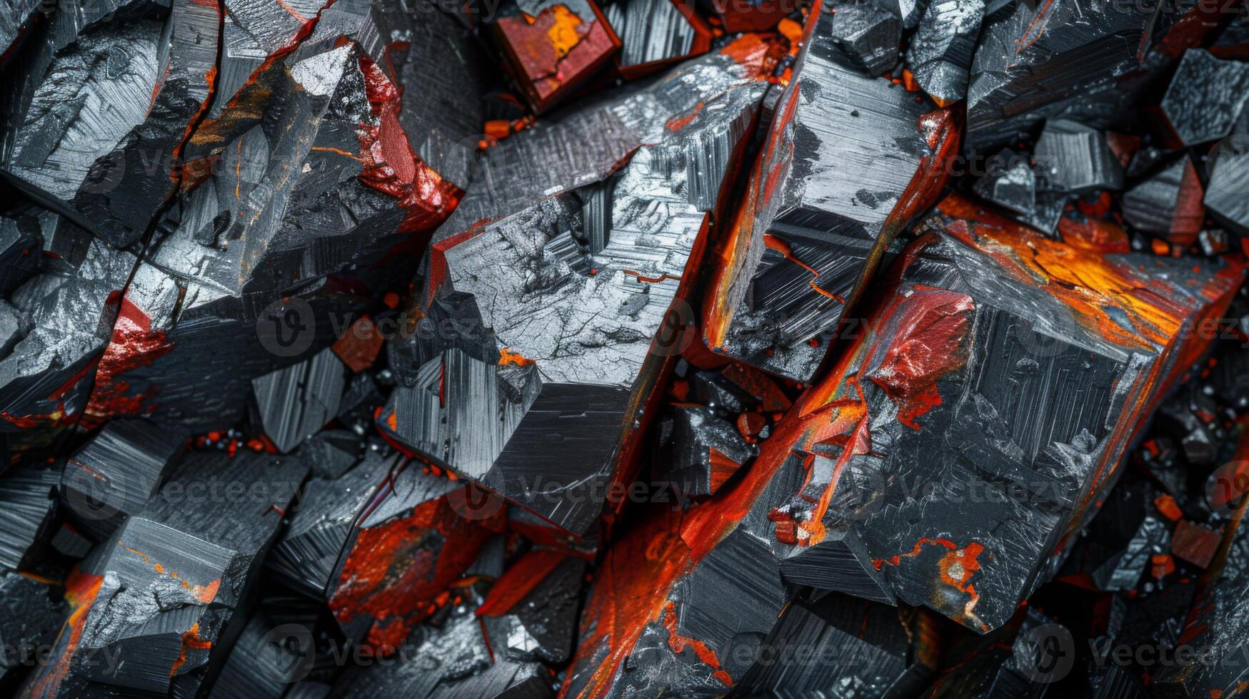 Striking mineral formations reveal a dynamic blend of red and black hues, highlighting intricate crystalline structures in a natural outdoor environment during daylight. photo