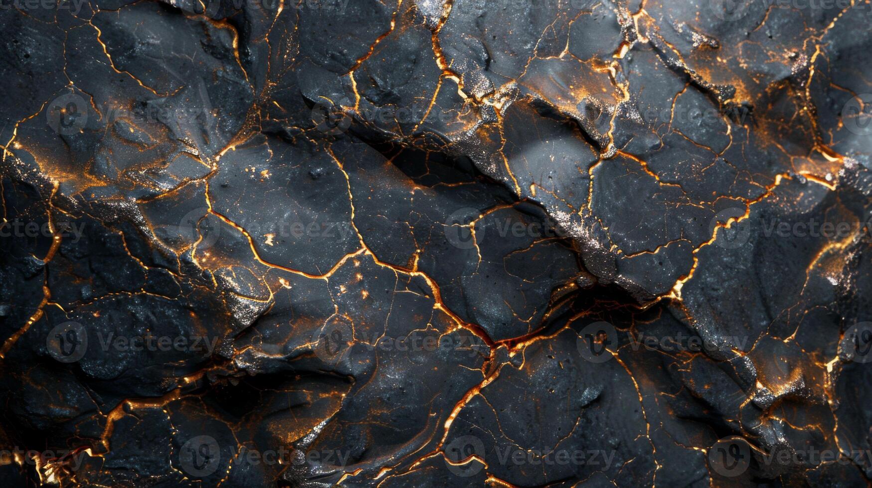 Remarkable surface of dark volcanic rock displaying intricate golden veins across its rough texture, highlighting natural geological processes shaped over time. photo