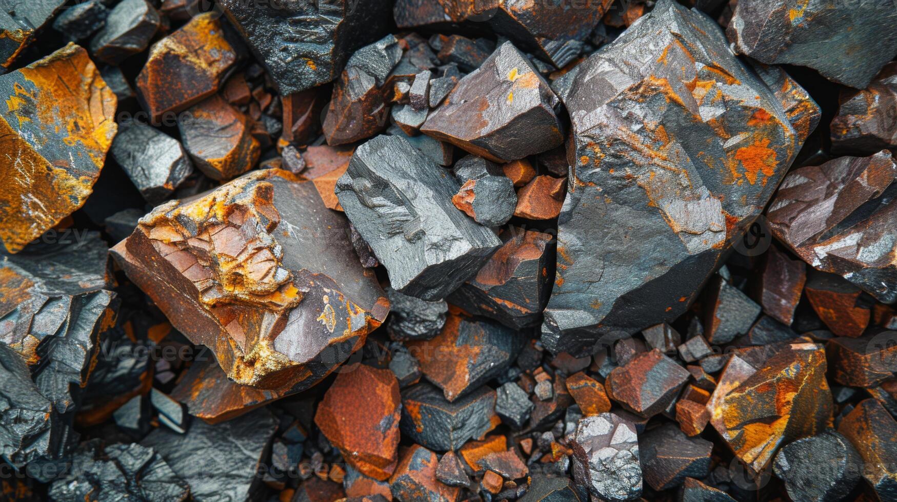Colorful mineral rocks are spread across the surface of a quarry, displaying a range of textures and hues including black, orange, and gray. Natural light enhances their vibrant surfaces. photo
