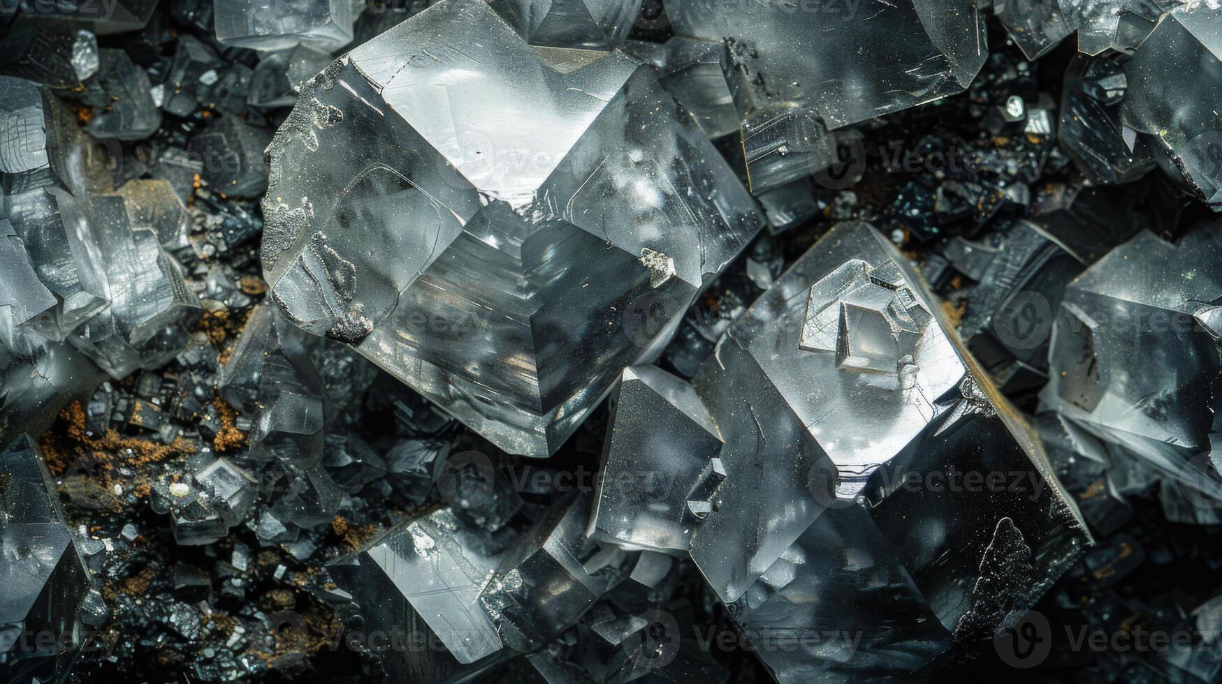 Sparkling clear crystals are densely packed together in a striking natural formation, highlighting intricate textures and reflecting light beautifully on a dark background. photo