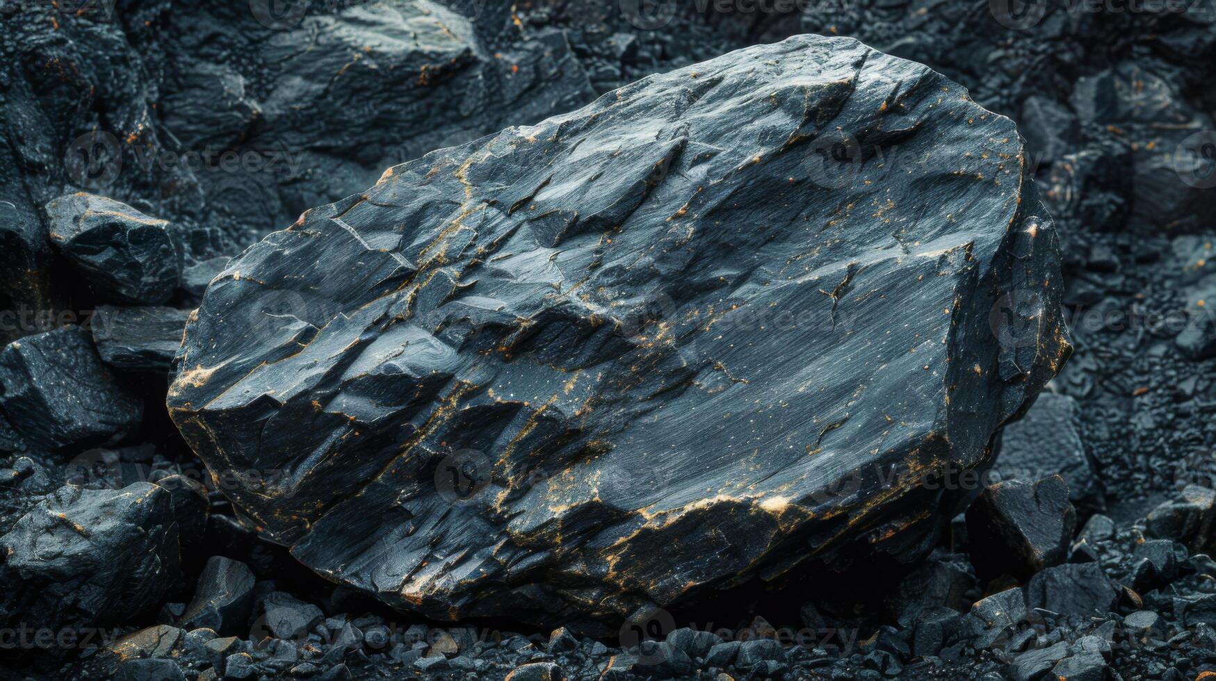 A large, dark rock sits prominently on a bed of smaller stones. Its textured surface reflects light, revealing shiny mineral inclusions against a backdrop of rugged terrain. photo