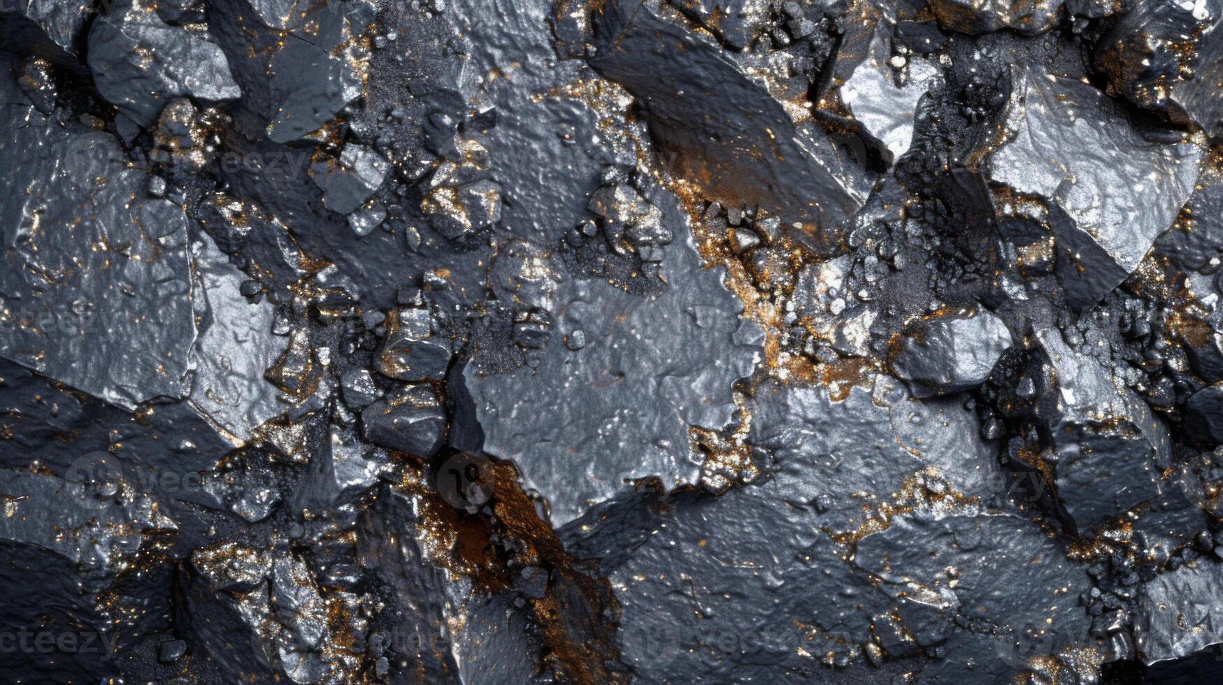 A close up view reveals a striking geological formation with dark mineral textures and a metallic sheen. The intricate patterns highlight the rich diversity of natural elements. photo