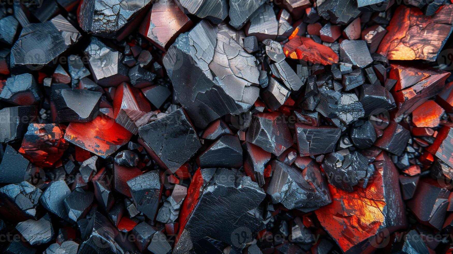 Black and red obsidian crystals are scattered across a surface, highlighting their sharp edges and smooth surfaces. Natural light accentuates their vibrant colors and intricate patterns. photo