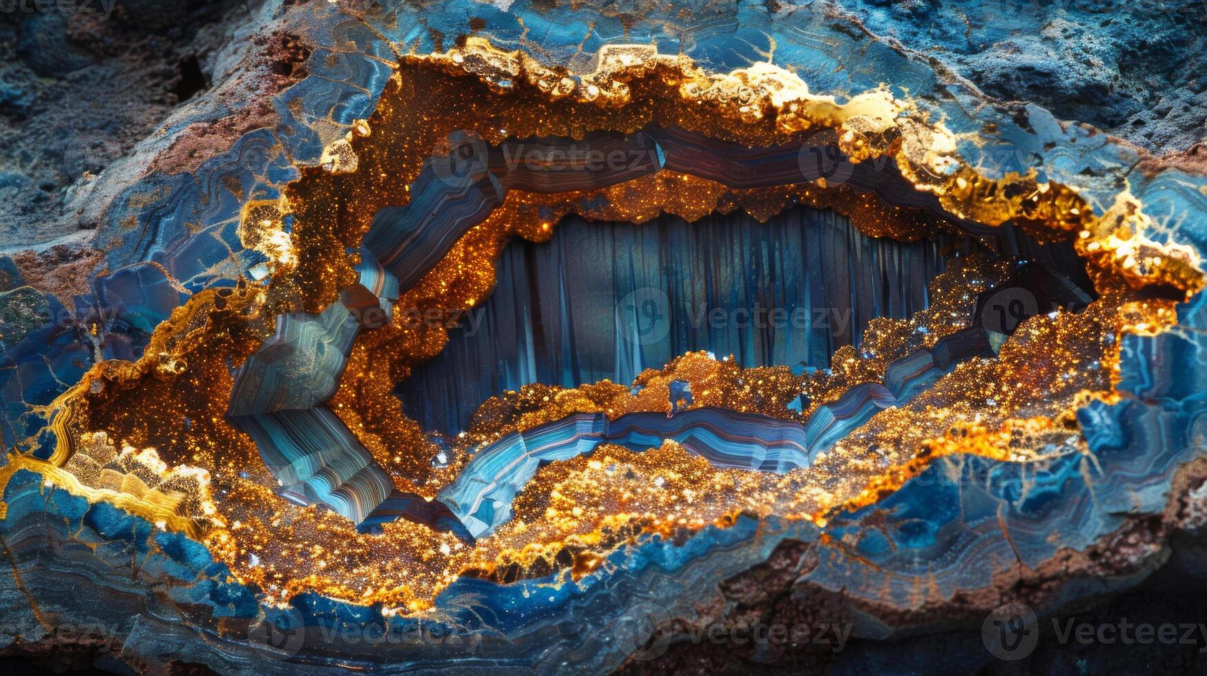 A stunning agate geode reveals layers of rich blue and golden hues, filled with sparkling crystals, reflecting intricate natural patterns and textures in a peaceful setting. photo