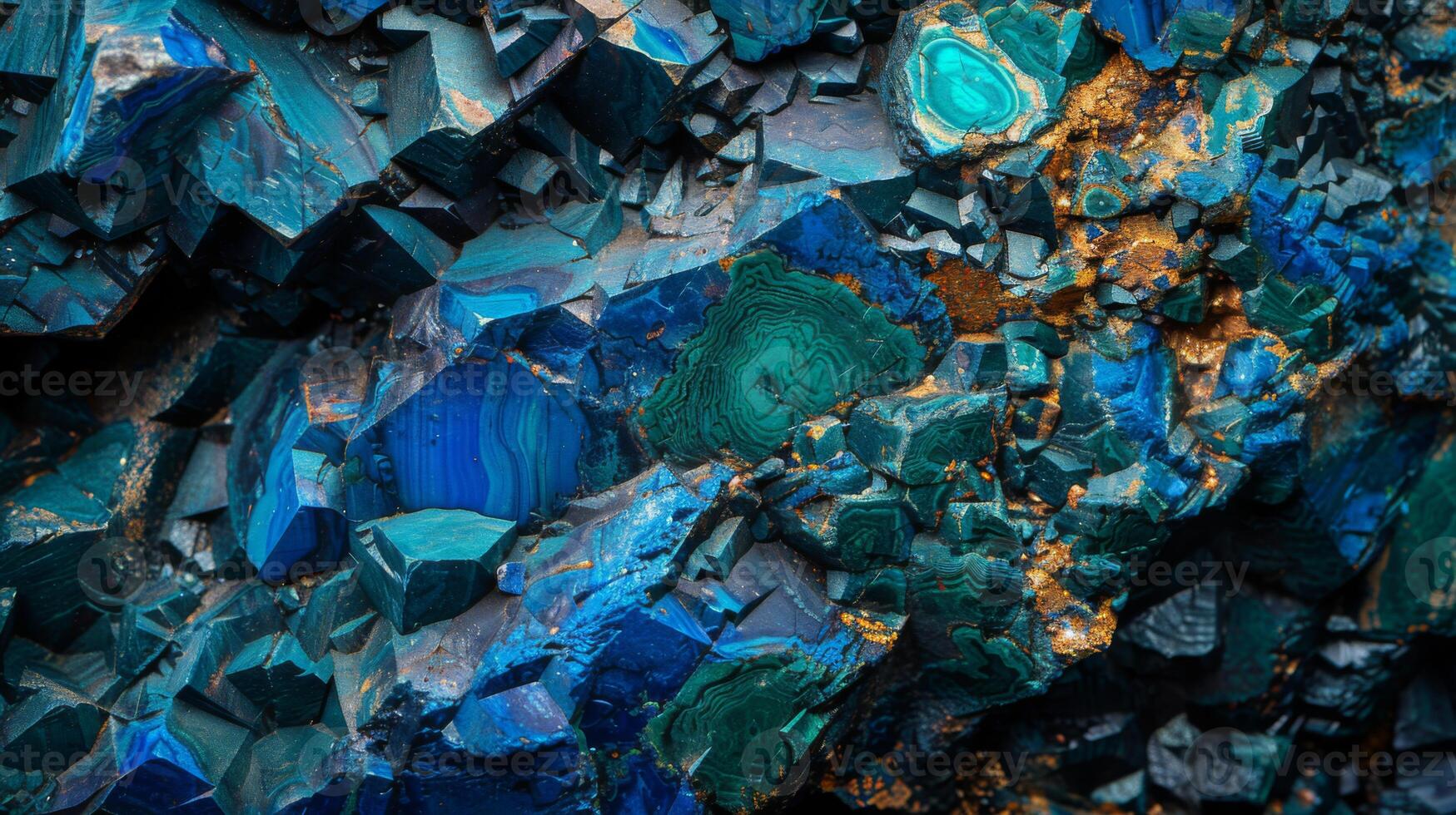 Detailed view of malachite and azurite minerals reveals striking blue and green hues interspersed with flecks of gold, capturing the complex beauty of geological formations. photo