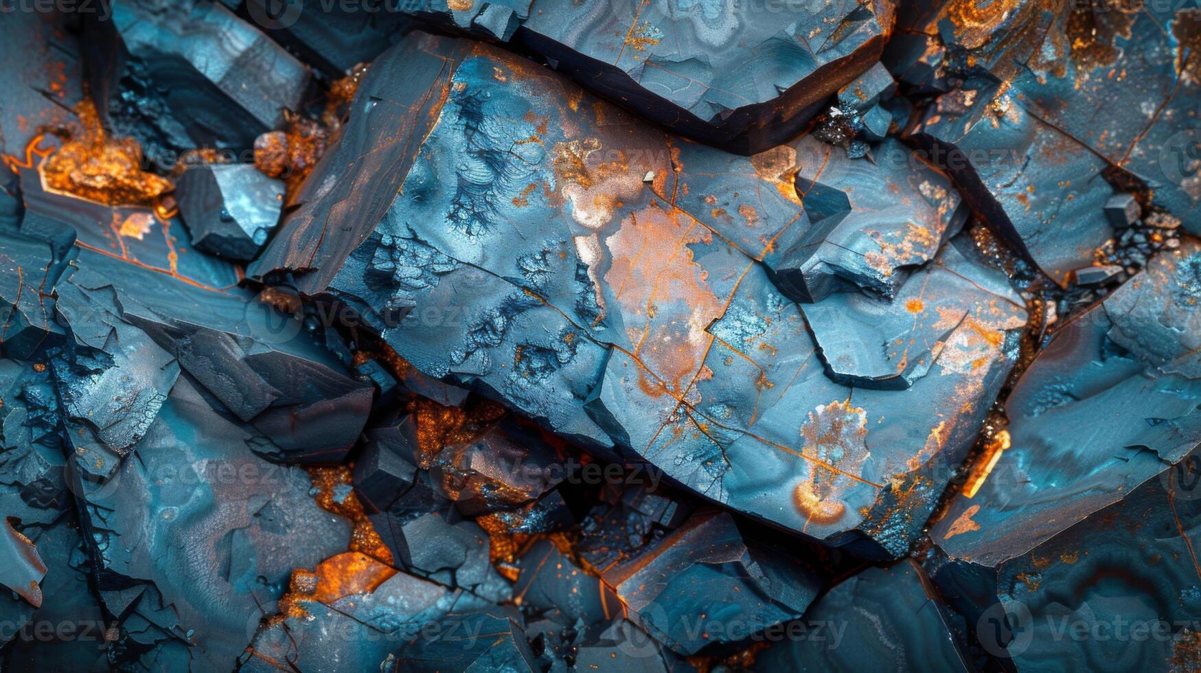 Vibrant blue and orange mineral patterns create a stunning visual in the rocky landscape, revealing unique textures and colors formed by natural processes over time. photo