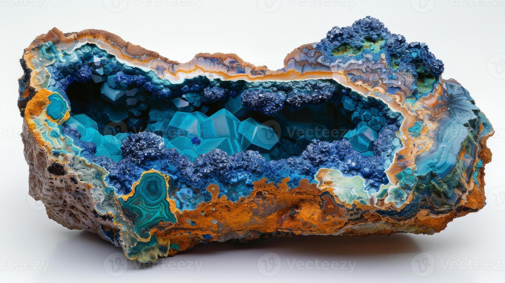 Striking mineral formation features vibrant turquoise and blue crystals within a geode, highlighting unique geometric shapes and textures illuminated by light. photo