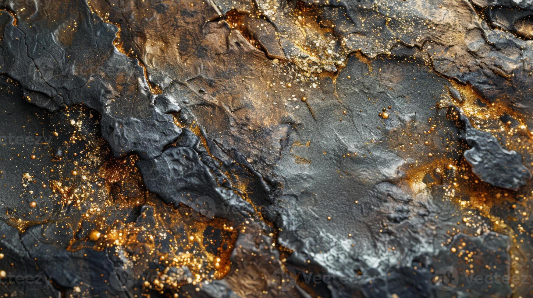 Textured black and gold surface reveals intricate patterns formed through natural processes. Bright light enhances the details and shimmering aspects of the rocky material. photo