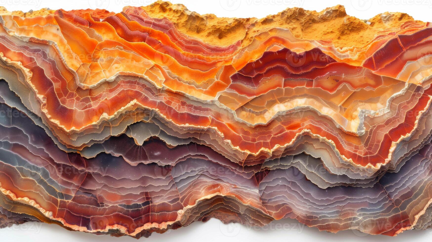 Vibrant bands of orange, red, and purple in agate rock vividly demonstrate the natural layering and formations found in geological specimens, emphasizing Earth artistry over time. photo