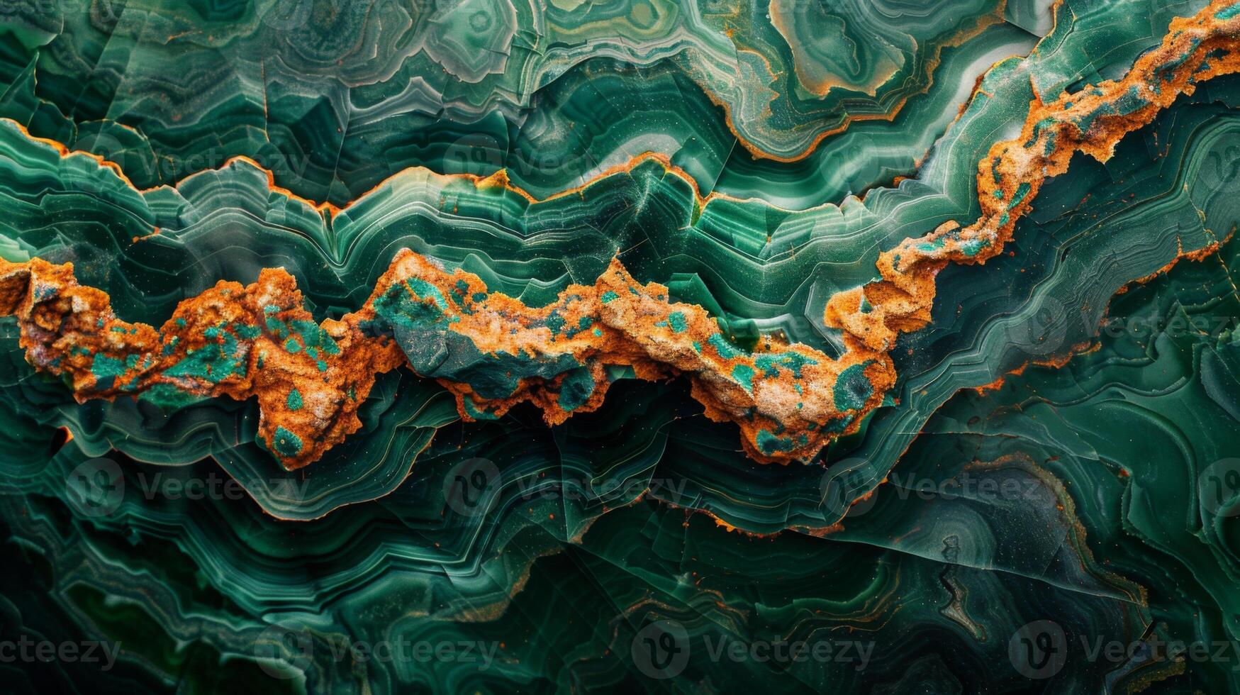 Close up view of a vibrant green agate stone, showcasing intricate layers and patterns, with hints of orange mineral deposits highlighting the natural beauty and texture of the rock. photo