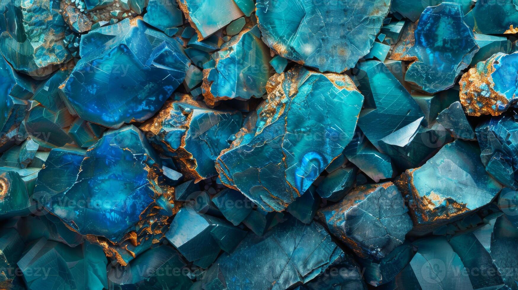 A collection of beautiful blue gemstones features a variety of shapes and sizes, revealing mesmerizing patterns and textures that highlight their natural beauty and uniqueness. photo