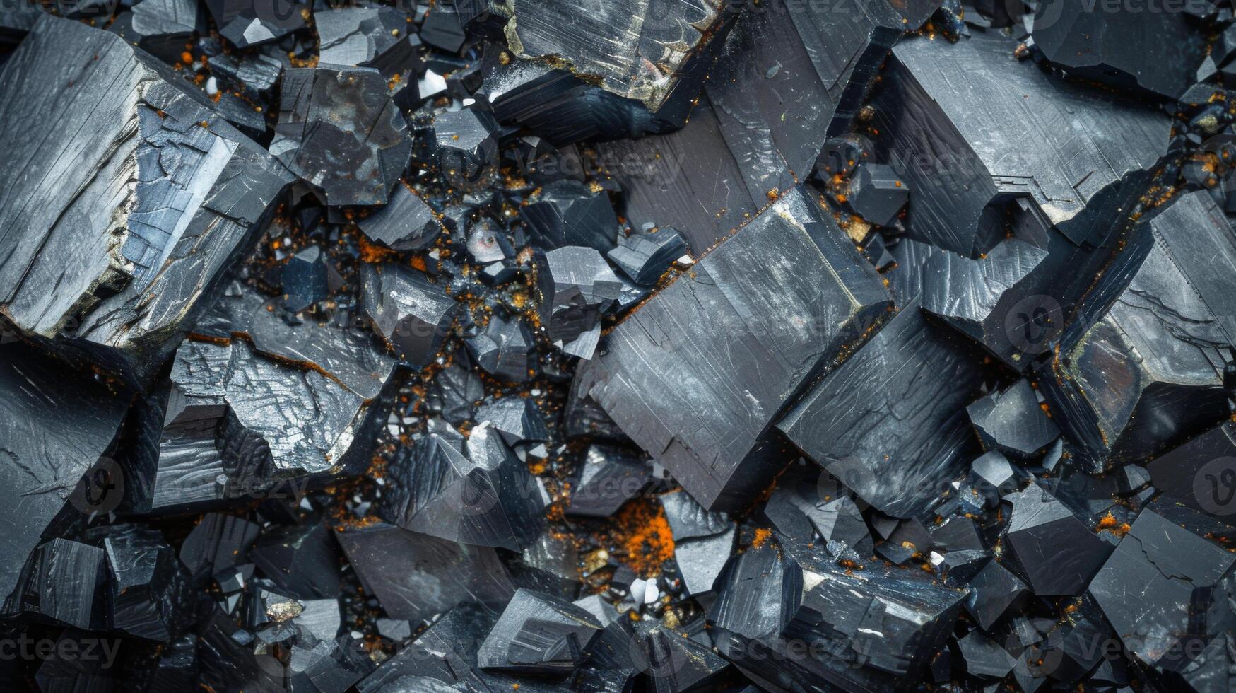 Shiny black obsidian stones are densely scattered across a rocky surface, showcasing various shapes and textures under natural light, with some warm reflections illuminating the scene. photo