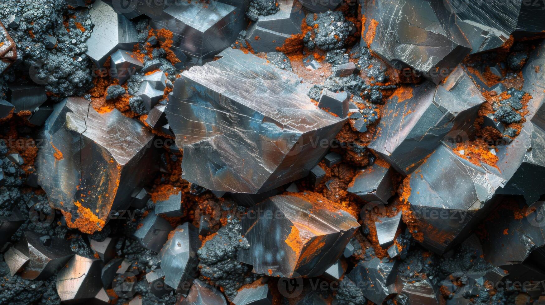 Crystalline structures of hematite display a blend of metallic gray and striking orange hues amid a rocky surface, creating a stunning visual of natural mineral formations. photo